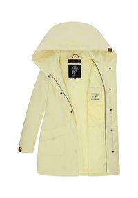 Yellow rain jacket with a hood, featuring a zip front, two large pockets, black trim, and a branded interior label. Smooth texture.