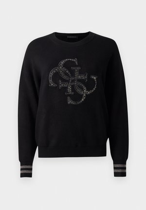 Maglione nero a maniche lunghe con polsini a coste, caratterizzato da due strisce argentate e un grande logo G e S intrecciato decorato sul petto.