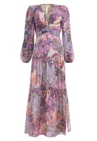 Maxi dress with long balloon sleeves, floral print in pink, purple, and gold. Features a wrap design and tiered skirt. Sheer, lightweight fabric.
