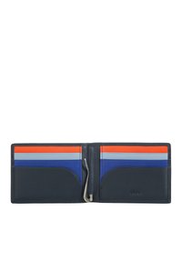 Portafoglio in pelle blu navy con cinque tasche per carte, caratterizzato da righe arancioni, rosse, azzurro chiaro e blu scuro. Include una clip metallica per il denaro.