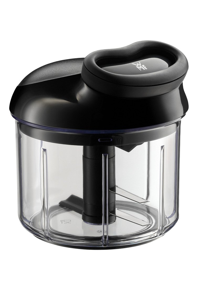 Schwarzer Kunststoff-Lebensmittelhacker mit transparentem Behälter, ergonomischem Deckel und inneren Klingen; glatte Oberflächen mit einem schlanken Design.