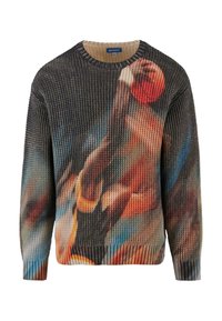 Sweter z dzianiny w wielu kolorach z grafiką koszykówki. Żebrowana tekstura, okrągły dekolt oraz żywe odcienie czerni, niebieskiego, pomarańczowego i czerwonego.