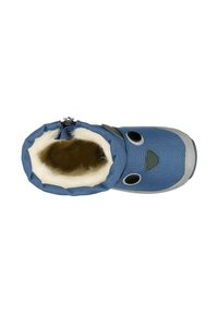 Blauwe textielen slipper met een gestructureerde, harige voering. Voorzien van ronde ogen en een driehoekige neus op de bovenkant. Grijze rubberen zool, ritssluiting.
