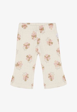 Leggings acampanados hechos de tela crema con un patrón texturizado, que presentan un diseño floral en tonos rosados y marrones. Incluyen una cintura elástica.