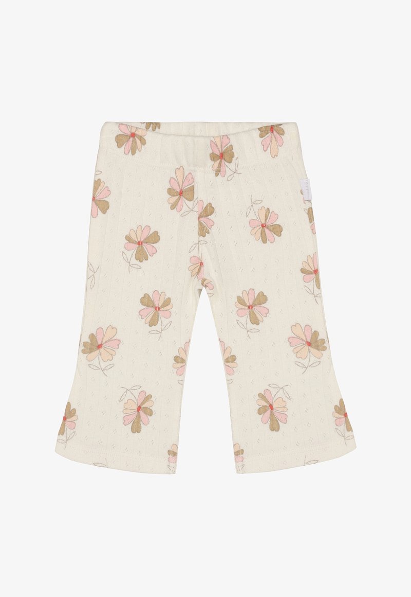 Rozkloszowane legginsy wykonane z kremowej tkaniny o fakturowanym wzorze, z kwiatowym motywem w odcieniach różu i brązu. Z elastycznym paskiem w talii.