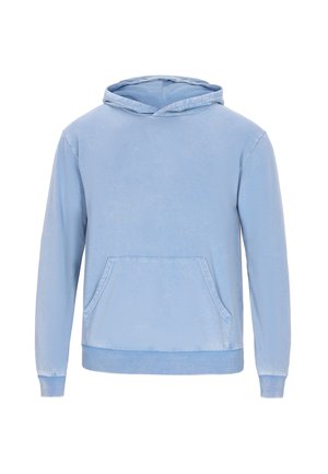 Lichtblauwe hooded sweatshirt van zacht materiaal, met een voorzak, geribde manchetten en een ontspannen pasvorm.