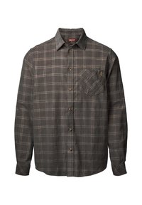 Camisa de manga larga de cuadro gris, hecha de tejido de punto. Presenta un cierre frontal con botones, un bolsillo en el pecho y puños abotonados.