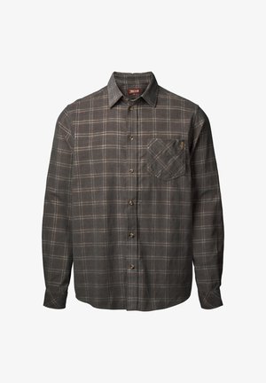 Šedá károvaná košeľa s dlhým rukávom vyrobená z tkaniny. Má zapínanie na gombíky vpredu, jedno vrecko na hrudi a gombíkový manžet.