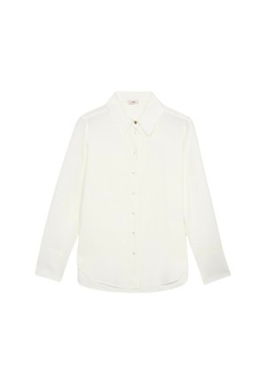 Blusa bianca a maniche lunghe realizzata in tessuto liscio, con colletto classico, chiusura con bottoni e orlo curvo per una vestibilità rilassata.