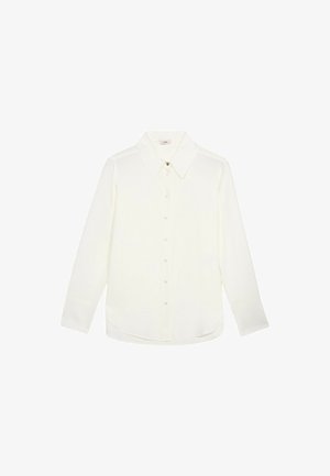 Langärmlige, weiße Bluse aus glattem Stoff mit klassischem Kragen, Knopfleiste und abgerundetem Saum für eine bequeme Passform.