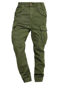 Cargo-Hosen aus grünem Stoff mit mehreren Front- und Seitentaschen, elastischen Bündchen und einem lässigen Schnitt.