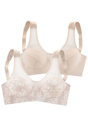 Beige BHs mit floraler Spitze und gepolsterten Cups. Verstellbare Träger und elastisches Band sorgen für Halt. Glatte Textur und nahtloses Design.