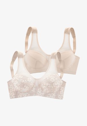 Beige BHs mit floraler Spitze und gepolsterten Cups. Verstellbare Träger und elastisches Band sorgen für Halt. Glatte Textur und nahtloses Design.
