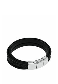 Bracciale in pelle nera a più fili con dettaglio intrecciato e chiusura magnetica in argento lucido.