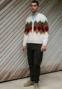 Nööpidega kreemjas kardigan, millel on rohelise, burdeos ja pruuni värvi argüülmustrit; kombineeritud tumedate dressipükste ja beezide kingadega. Geomeetrilised kujundid domineerivad.