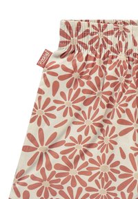 Blomsterprydd stoff i kremfarge med rustfargede tusenfryd-design. Rynket liv med merkelapp på siden. Myk tekstur, lett materiale.