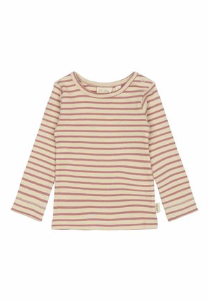 Gestreiftes Langarmoberteil in Creme, Rosa und Flieder. Verfügt über eine gerippte Textur, einen runden Ausschnitt und einen Druckknopfverschluss an der Schulter. Informelles Design.