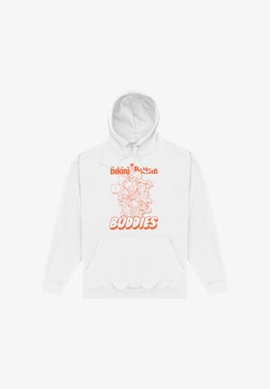 Sweat à capuche blanc avec texte orange « Bikini Bottom Buddies » et personnages de dessin animé empilés au centre de la partie avant, comprenant une poche avant et une capuche avec cordon.