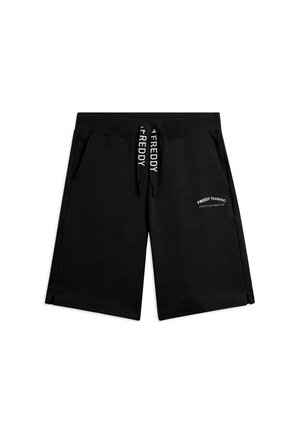 Shorts de sport noirs avec taille élastique, cordons marqués "FREDDY", poches latérales et texte "FREDDY TRAINING" sur la jambe droite.