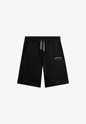 Shorts de sport noirs avec taille élastique, cordons marqués "FREDDY", poches latérales et texte "FREDDY TRAINING" sur la jambe droite.