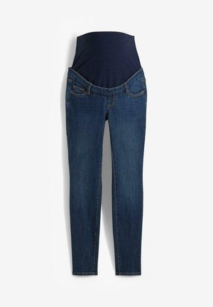 Schwangerschaftsjeans aus dunkelblauem Denim, mit einem glatten, dehnbaren Bund. Slim-Fit-Design mit Fronttaschen und klassischen Nähdetails.