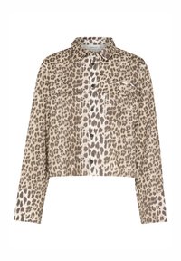 Geknipte wantprint jas in beige en bruin, met een knoopsluiting aan de voorkant, twee borstzakken en een opstaand kraag. Zachte stoftextuur.
