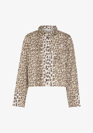 Geknipte wantprint jas in beige en bruin, met een knoopsluiting aan de voorkant, twee borstzakken en een opstaand kraag. Zachte stoftextuur.