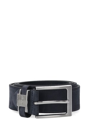 Navy blue suede belt with a silver rectangular double-prong buckle and smooth texture, featuring a branded leather accent near the buckle.