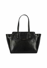 Borsa tote nera in pelle con finitura lucida, due manici e un piccolo logo del marchio sul davanti. Presenta una forma strutturata e accenti arrotondati.