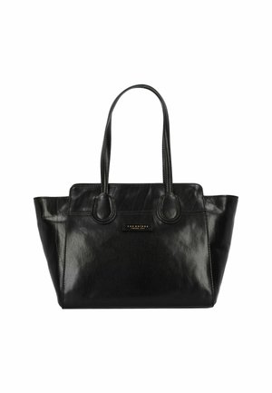 Borsa tote nera in pelle con finitura lucida, due manici e un piccolo logo del marchio sul davanti. Presenta una forma strutturata e accenti arrotondati.