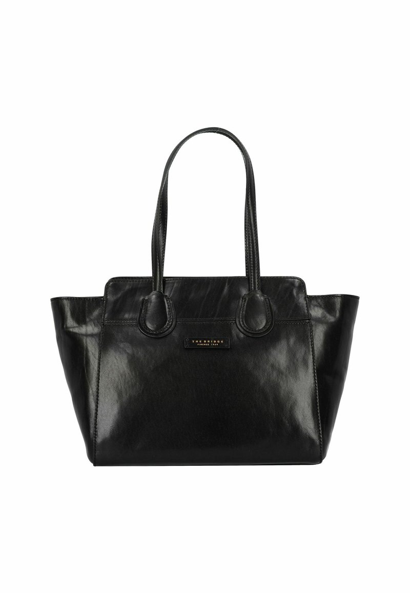 Borsa tote nera in pelle con finitura lucida, due manici e un piccolo logo del marchio sul davanti. Presenta una forma strutturata e accenti arrotondati.