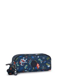 Navy pencil case with colorful space-themed patterns, featuring a zipper closure and a charm of a gorilla keychain. Smooth nylon texture.