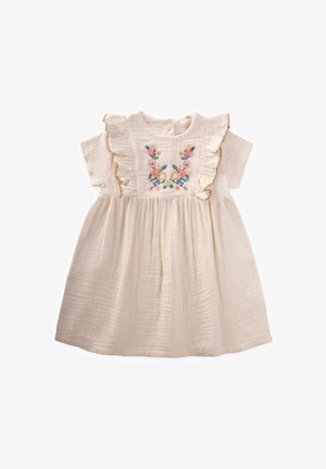 Lichtbeige jurk met een geplooide halslijn, korte mouwen en bloemmotieven in roze, geel en groen. Gemaakt van zachte, gestructureerde stof.