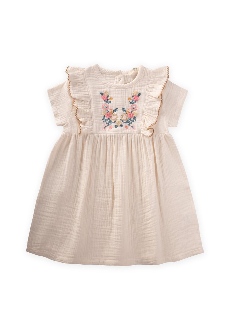 Robe beige clair avec un col froncé, des manches courtes et une broderie florale en rose, jaune et vert. Fabriquée en tissu doux et texturé.