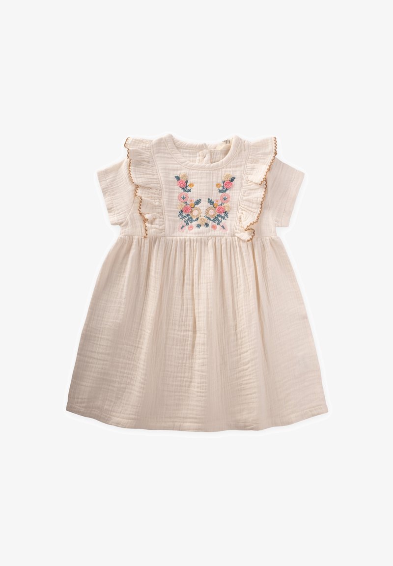 Helles beige Kleid mit Rüschenausschnitt, kurzen Ärmeln und floralem Stickerei in Pink, Gelb und Grün. Hergestellt aus weichem, strukturiertem Stoff.