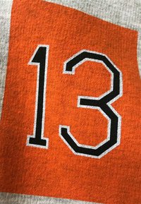 Grijze stof met een oranje blok waarop het nummer "13" met een zwarte omlijning staat. Het nummer heeft een sportief lettertype en een textuur uiterlijk.
