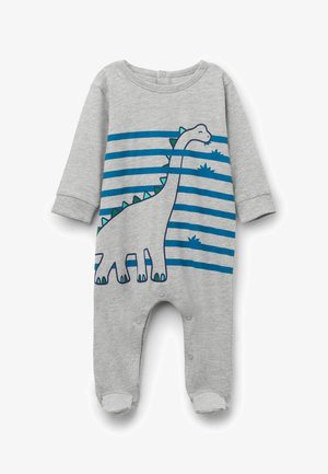 Grenouillère pour bébé gris clair à manches longues, jambes avec pieds, rayures horizontales bleues, et un dessin animé de dinosaure souriant sur le devant.