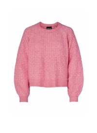 Maglione rosa lavorato a maglia con un motivo testurizzato, scollatura rotonda, polsini e orlo a coste. Design corto con maniche a sbuffo.