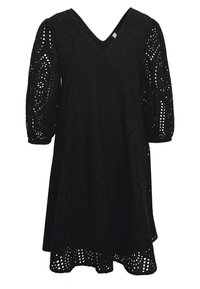 Musta mekko V-muotoisella kaula-aukolla, kolmannelta neljännekseltä hihoilla ja hienolla leikatuilla yksityiskohdilla. Löysä istuvuus, polven pituinen, jossa on aaltoileva helma.