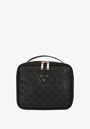Bolso cosmético sintético negro con superficie texturizada, cierre de cremallera, dos cremalleras de metal tono plateado y un logo de la marca en forma de triángulo en la parte frontal.