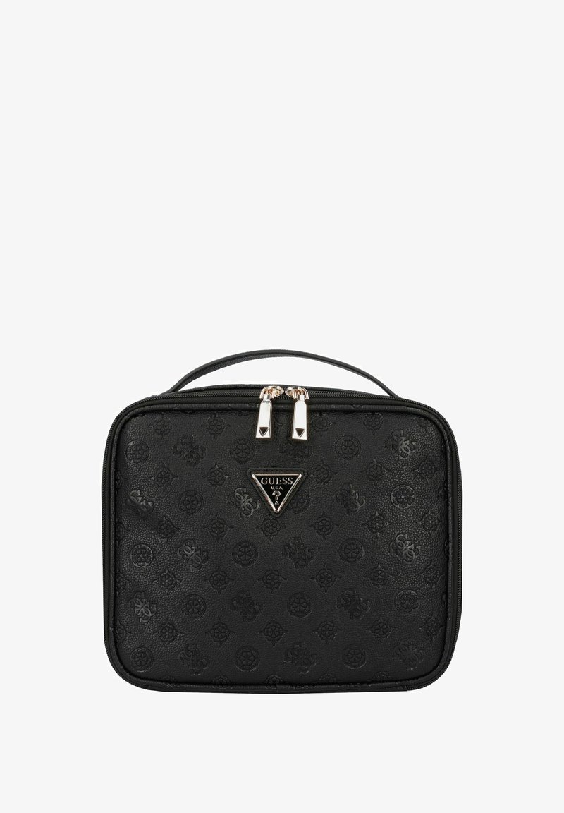 Trousse de maquillage en synthétique noir avec une surface texturée, fermeture zippée, deux zips en métal argenté, et un logo de marque triangulaire à l'avant.