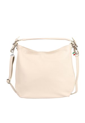 Cream leather handbag with two adjustable straps and silver hardware, featuring a small Italian flag tag on the side.