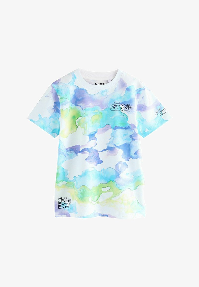 Short-sleeve white t-shirt with blue, green, and purple watercolor-like abstract patterns and "Future Systems" text on front and sleeve.