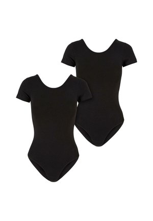 Deux bodysuits noirs à manches courtes, fabriqués dans un matériau lisse et extensible. Design à col rond avec une silhouette ajustée et des jambes hautes.