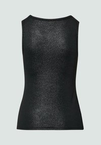 Zwart mouwloos dames topje met subtiele zilveren glans, slim-fit pasvorm en ronde halslijn, van achteren getoond op een lichte achtergrond.