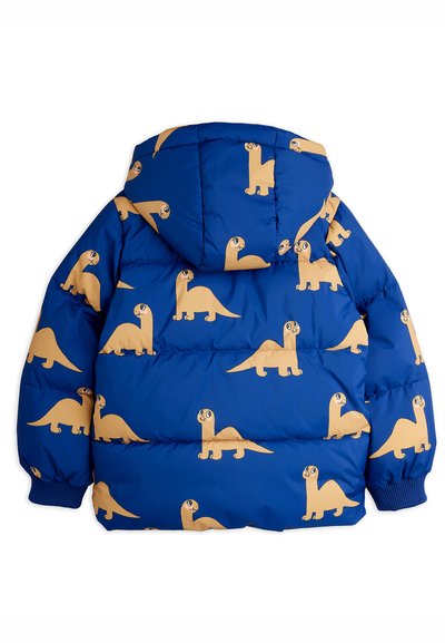 Blue puffer jacket with yellow dinosaur print, featuring a hood and ribbed cuffs, made of quilted, padded material for warmth.
