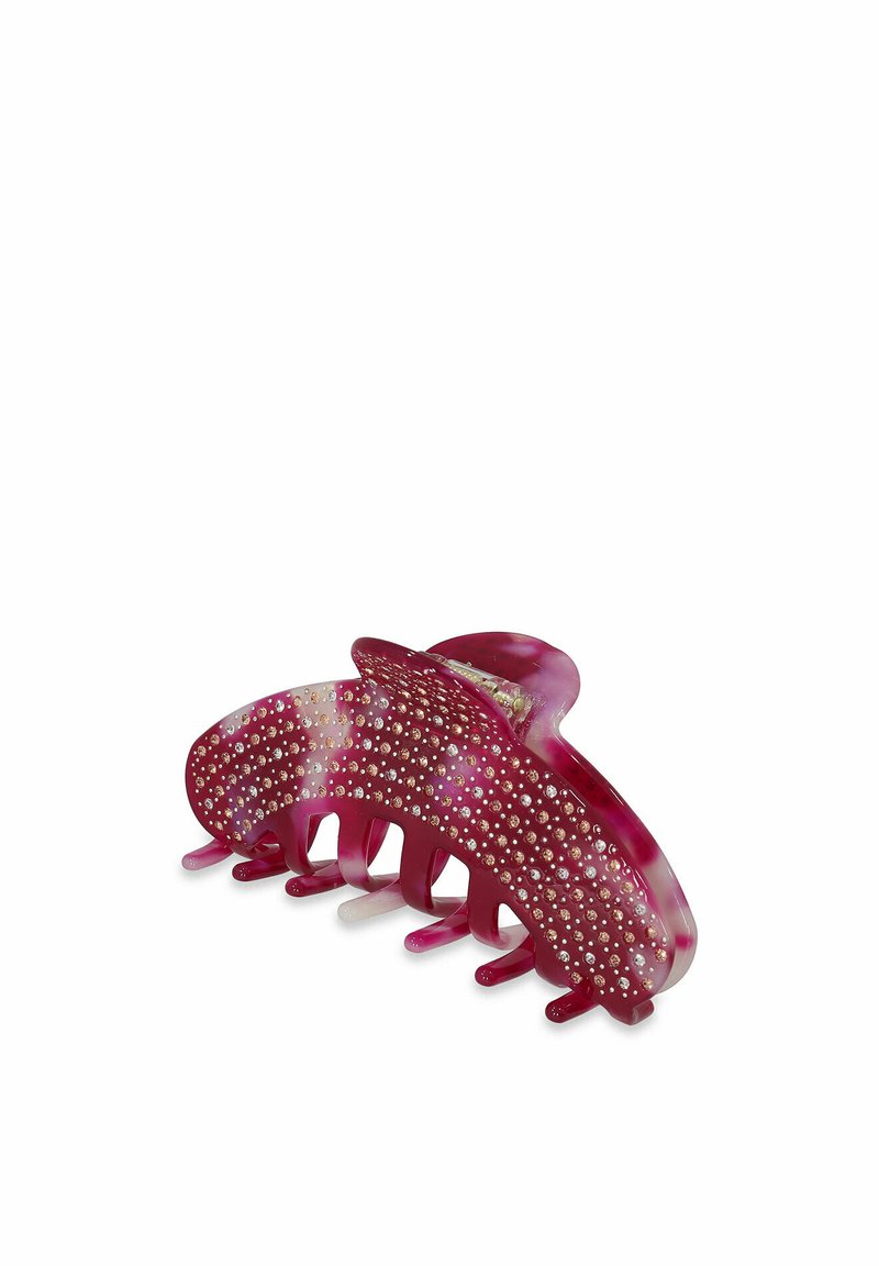 Pinza para el cabello de color baya, hecha de plástico brillante, con un diseño ondulado y un patrón de piedras de strass transparentes en la superficie.