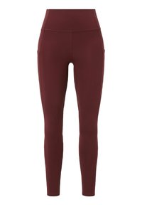 Burgunderfarbene Leggings aus elastischem Stoff. Hoher Bund mit Seitentaschen. Glatte Textur und knöchellanges Design. Keine sichtbaren Muster.