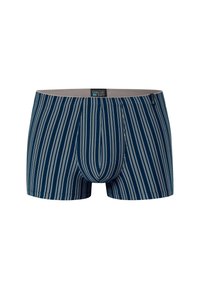 Marineblauwe boxershorts met verticale witte strepen, zachte stof, elastische tailleband en een voorkant zak voor ondersteuning.