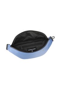 Blaue Bauchtasche mit Reißverschluss, schwarzem Innenfutter und einer innenseitigen Reißverschlusstasche. Verfügt über ein Logo-Tag und einen verstellbaren Tragegurt.